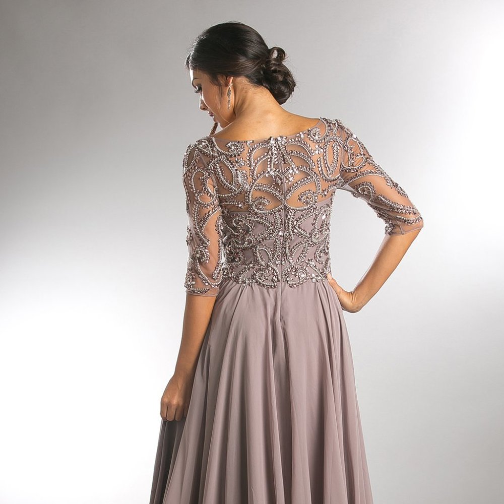 NEW FORMAL A-LINE MOTHER OF BRIDE CHIFFON DRESS W/ SHEER 3\4 SLEEVES AC 7046 - Picture 6 of 8